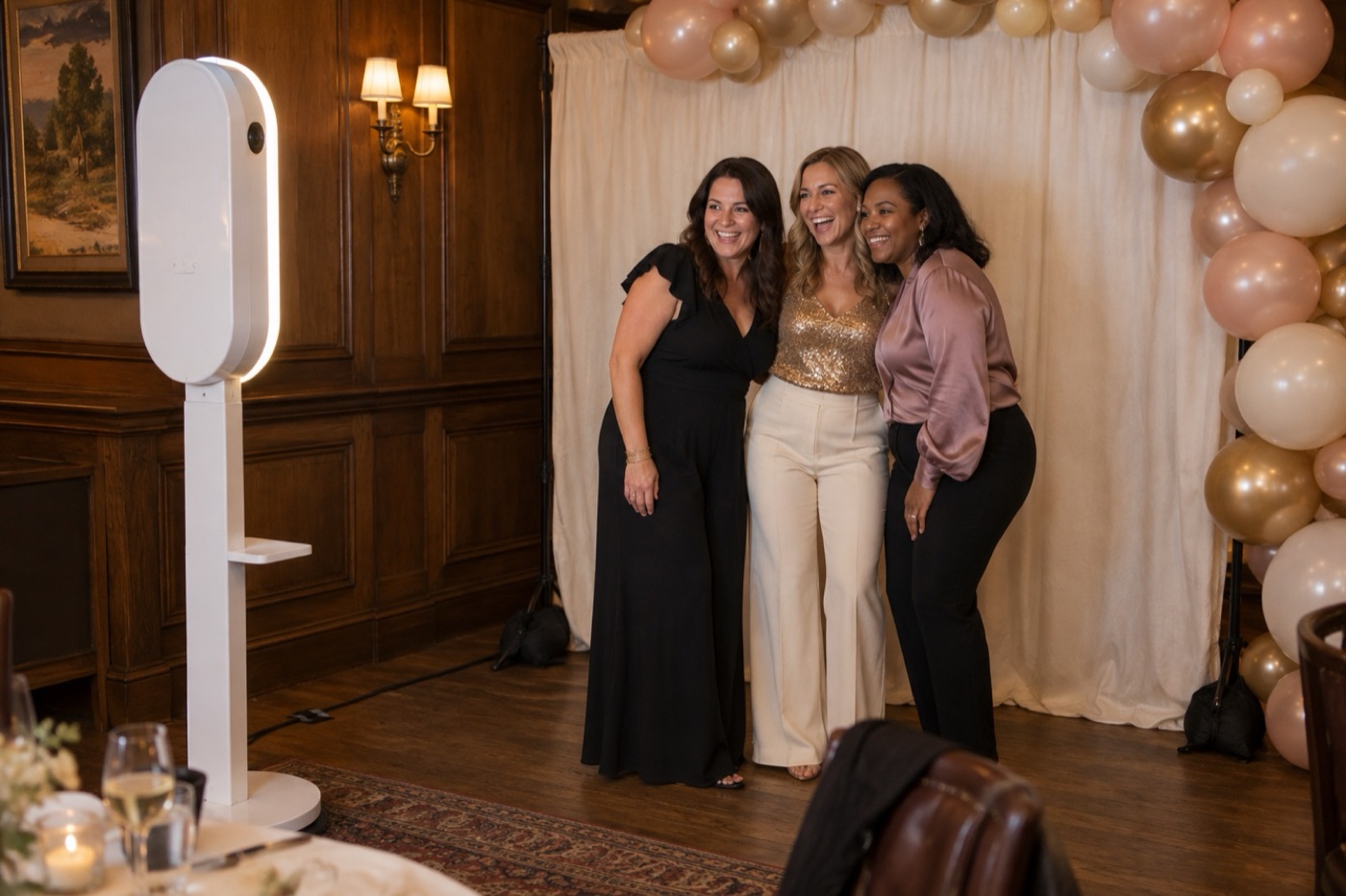 Three friends posing under a blush and gold balloon garland backdrop, facing the white photo booth, at a birthday dinner