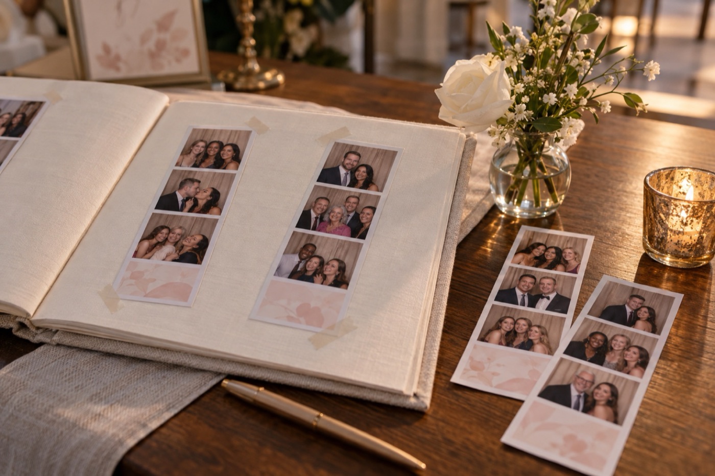Printed photo strips, three photos and a design panel each, taped into a wedding guest book